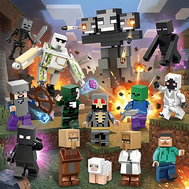 将图中的13款我的世界乐高人仔变得生动形象，调整人仔比例大小，制作出热血的战斗氛围，保留所有角色，画面整体充满动感和张力