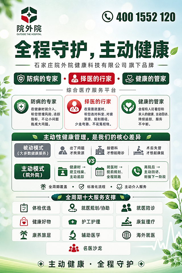 修改这张宣传单页正面，去掉底部深绿色通栏里的"不看病 · 不推销 · 只做服务"文字和整个底部深绿色色块通栏。将底部区域替换为更积极正向的品牌收尾设计：底部改为浅绿渐变过渡，居中放置一行品牌理念文字"主动健康 · 全程守护"，深绿色字体，搭配小型品牌六边形图标装饰。其余所有内容（LOGO、电话、主标题、三大定位、主动被动对比、十大服务支撑等）全部保持不变，整体版式和绿色系风格统一。