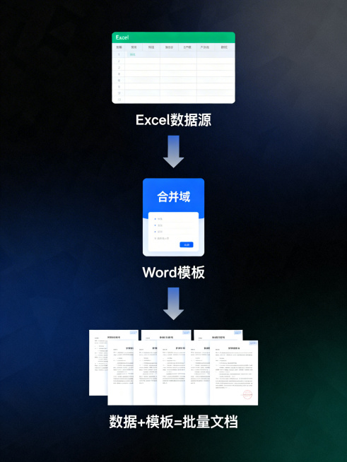流程图式信息图，展示邮件合并批量生成文档的过程：顶部放置Excel表格数据源，中间用向右箭头连接带合并域的Word模板，底部再用向右箭头连接批量生成的多份文档预览，整体清晰展示"数据+模板=批量文档"预览效果
