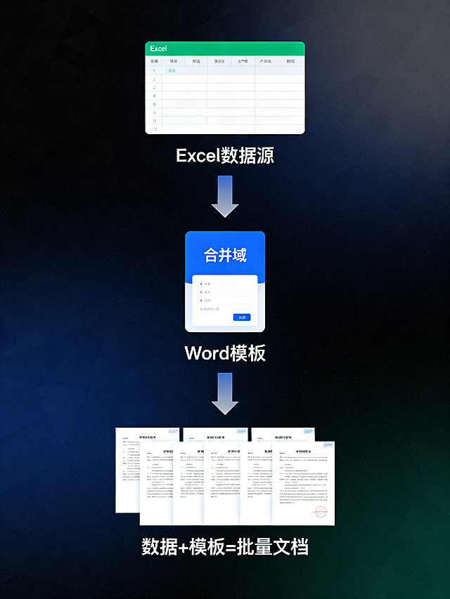 流程图式信息图，展示邮件合并批量生成文档的过程：顶部放置Excel表格数据源，中间用向右箭头连接带合并域的Word模板，底部再用向右箭头连接批量生成的多份文档预览，整体清晰展示"数据+模板=批量文档"的流程逻辑，扁平化设计风格，流程感强