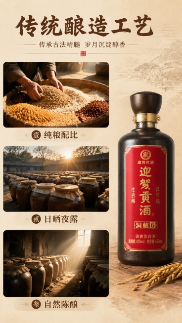 [第3屏] 工艺卖点展示，传统日晒夜露酿造工艺。
[氛围/风格] 复古传统，自然质朴，突出手工酿造质感。
[元素布局] 纵向三图排版展示工艺：上图展示原料混合，中图展示陶缸日晒发酵，下图展示自然陈酿；预览效果