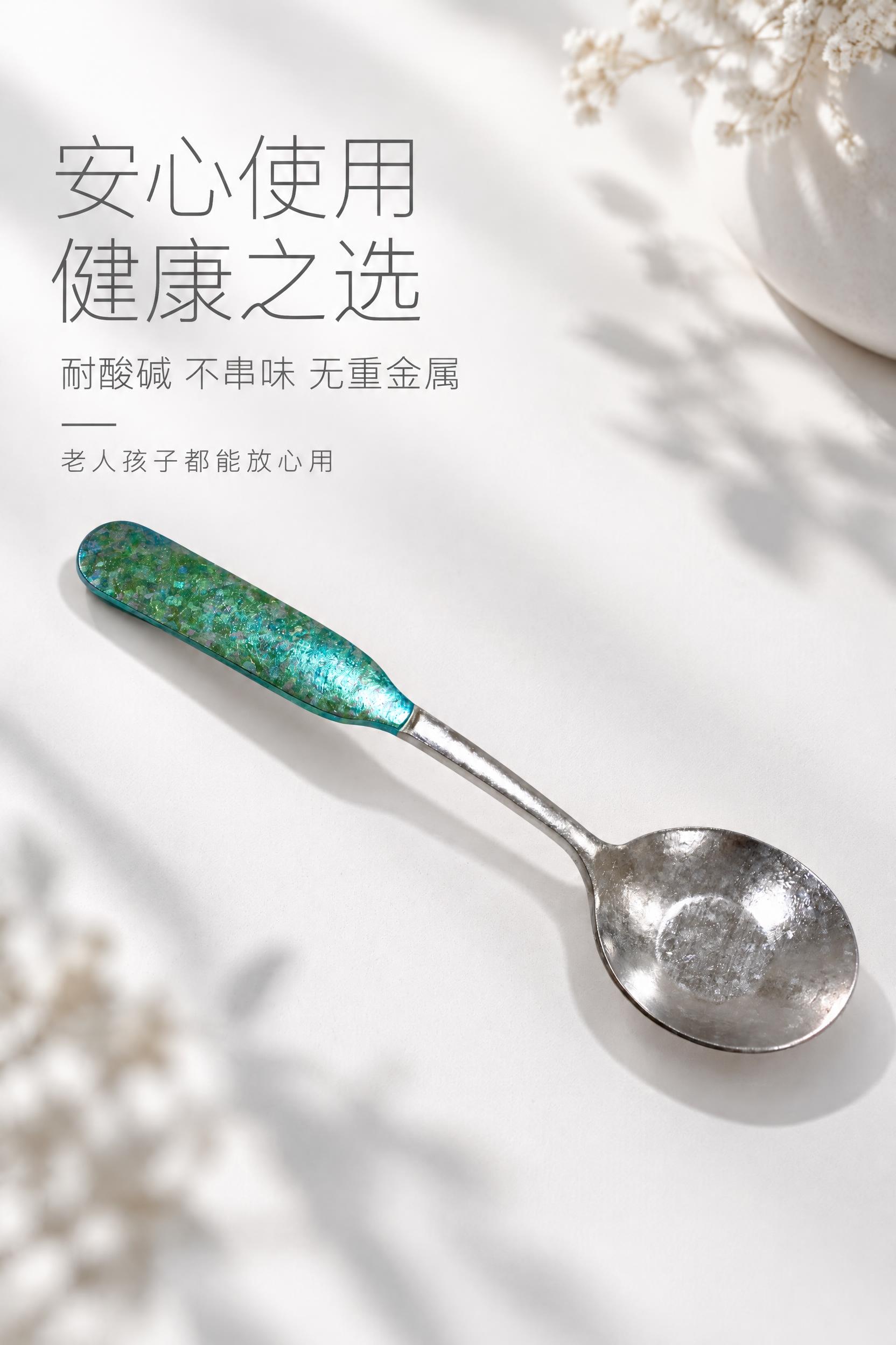 安全健康卖点场景屏。基于上传的青绿色手柄纯钛冰花勺子产品图，去… - 图片创意预览