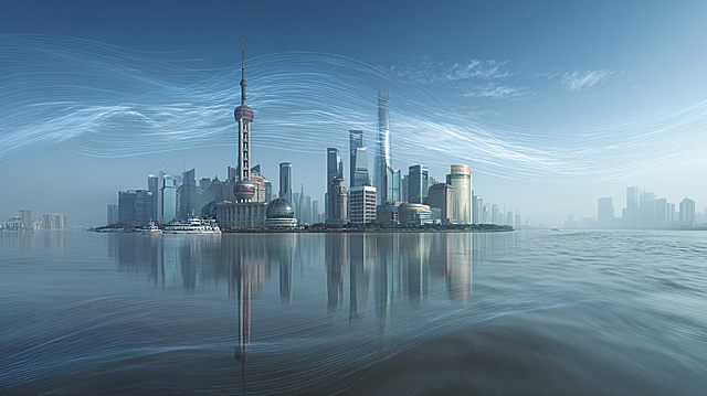 2026 Year of the Horse Spring Festival, panoramic view of Shanghai Bund in early morning mist, Oriental Pearl Tower + Lujiazui skyscrapers; ground micro-vibration, huge ripples on the river surface, low angle shot, digital particle light bands splitting in the sky, cinematic texture, ultra-realistic rendering, high dynamic range, slight film grain, red and gold main tone with urban cool blue contrast, particle energy effects, Cinematic, epic scale, hyper realistic, Cyber Oriental Aesthetic