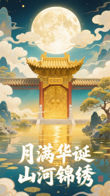 在静谧的中式园林场景中，一轮皎洁的明月高悬夜空，洒下银白的光辉。一座传统中国宫殿大门矗立眼前，整体呈现金色，拥有多层结构与弯曲的飞檐，飞檐上的瓦片纹理清晰，边缘微微上翘，尽显古韵。大门表面覆盖着闪闪发预览效果