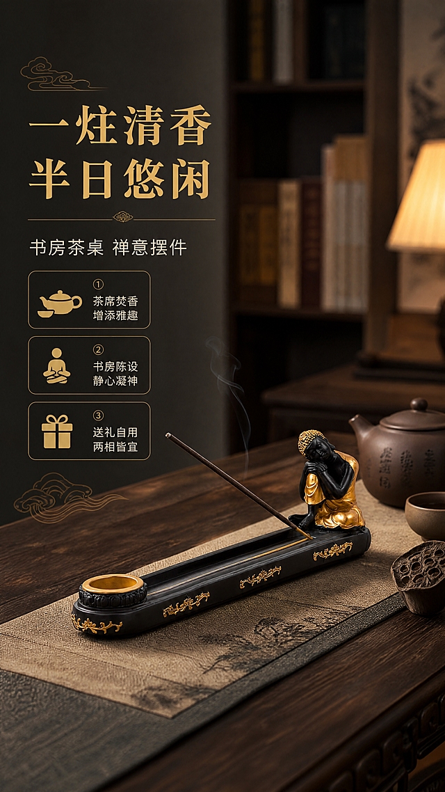 [商品] 使用【图1】禅意卧佛香插线香香炉；保留黑色主体、金色卧佛造型、描金花纹、莲花座香插、长条形香灰槽结构；真实功能方向为线香插入使用。
[画面] 页面目标：场景种草，展示书房茶桌焚香场景，营造静谧雅致氛围。构图：左文右图，产品占画面50%，放置在深色木质茶桌上，旁边搭配紫砂壶、茶杯、干莲蓬等中式茶席道具，背景为虚化的书房书架与暖光台灯。阅读动线：左侧文字区→右侧产品场景。前中后景：前景茶席布、中景香插与茶具、后景虚化书房。
[视觉] 套系策略：风格=新中式禅意商业摄影风；标题字=宋体粗体（典雅中式）；正文字=简洁无衬线体；主色=玄黑+鎏金；背景延展=深棕木质、暖灰墙面、宣纸质感；强调色=暖金色，仅用于小面积图标、引线和重点文字高亮；标题色=鎏金色；正文色=米白色；组件=圆角深色信息卡、细金线引线、中式云纹装饰；光影=左前侧暖柔光，模拟窗边自然光与台灯暖光结合。
[文字] 左侧文字区主标题：一炷清香 半日悠闲；副标题：书房茶桌 禅意摆件；下方3个短卖点：① 茶席焚香 增添雅趣 ② 书房陈设 静心凝神 ③ 送礼自用 两相皆宜。文字区位于左侧三分之一处，不遮挡产品主体。所有文字横排。
[规格] 图片比例9:16竖版，4K分辨率，负向提示：避免变形、错字、文字过小、冷蓝背景、产品颜色改变、结构失真、现代风格道具。