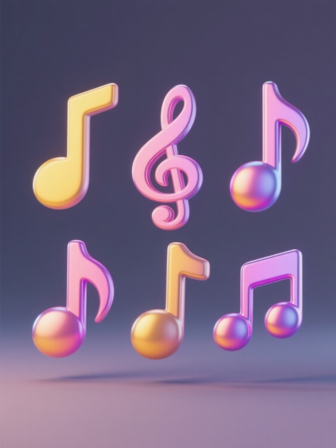 6个规整排布的现代简约风格音乐符号素材，每个符号均采用光滑圆润的3D造型，具有从黄色渐变到粉色再到紫色的虹彩金属光泽，表面呈现细腻的高光反射和柔和阴影，整体悬浮于纯色背景上，无任何文字、logo或水印，保持统一的视觉风格和精致质感。预览效果
