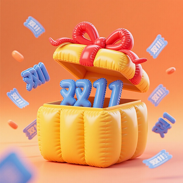 一个打开的黄色礼盒，盒盖系着红色大蝴蝶结，盒里及周围散落着多个双11立体字和蓝色优惠券