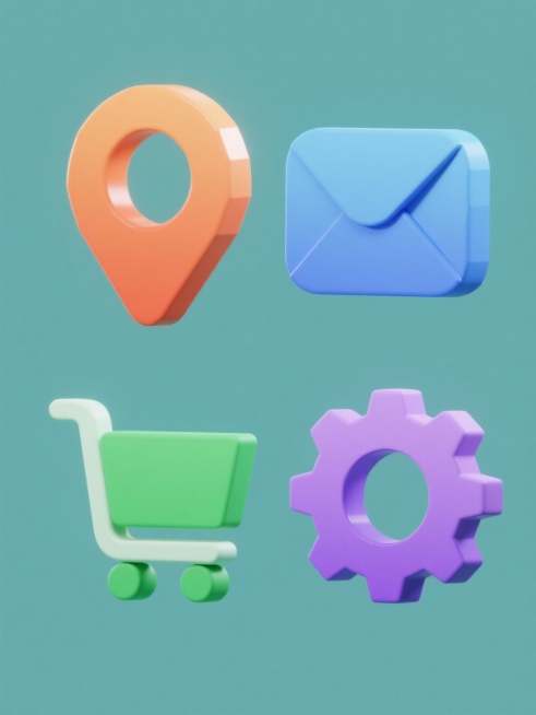 四个不同功能的3D立体图标系列，每个图标均采用圆润几何造型，具有光滑渐变表面和清晰边缘高光，包含一个橙色定位标记图标、一个蓝色信封邮件图标、一个绿色购物车图标和一个紫色设置齿轮图标，所有图标均置于纯色背景上并呈规整网格排布，保持统一的低多边形简约风格和一致的光影效果预览效果