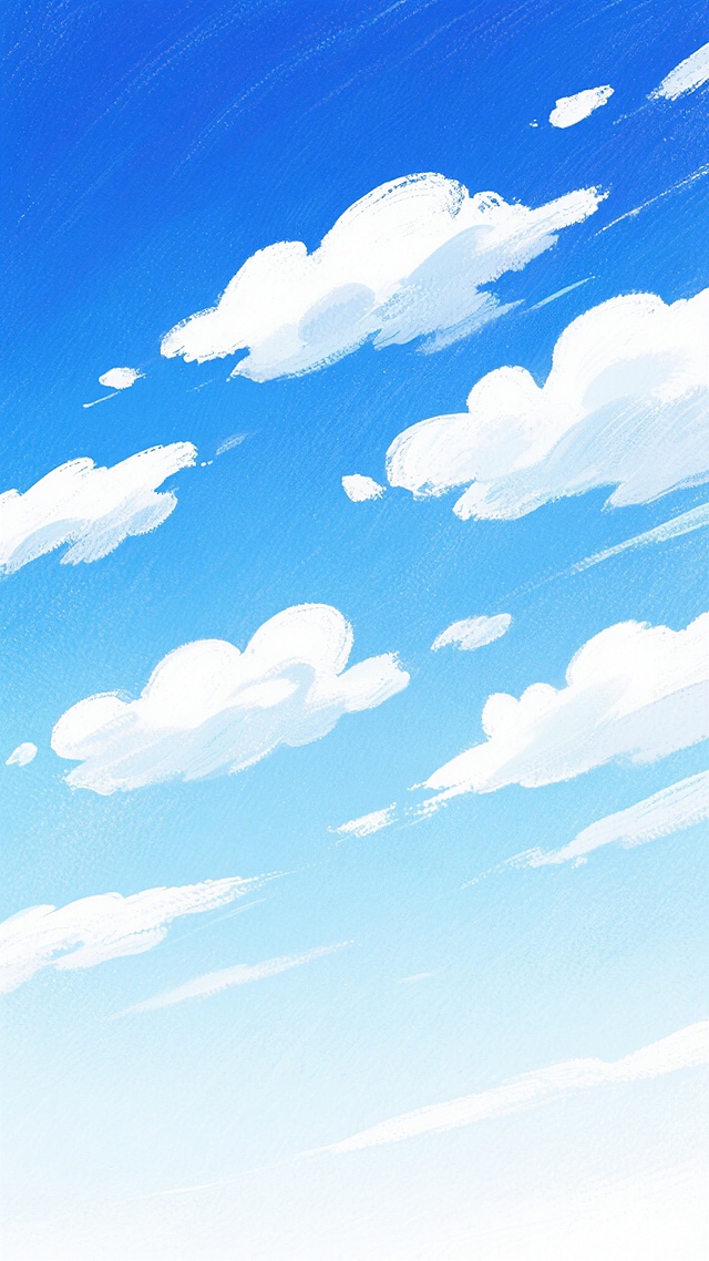 手绘插画风格的天空，画面整体呈现由上至下从深邃的钴蓝色渐变为柔和的天蓝色，再过渡到轻盈的淡蓝色的渐变效果，天空中点缀着形态各异、边缘带有柔和笔触感的白色云朵，云朵分布自然且疏密有致，整体给人一种宁静、清新、通透的氛围，手绘笔触细腻柔和，色彩过渡自然和谐，充满治愈感。