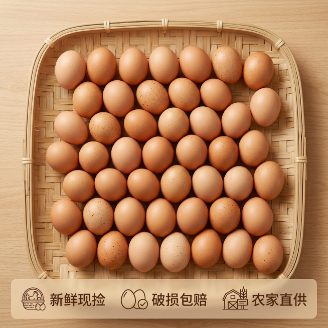[主图主题] 农家谷物鸡蛋服务承诺
[氛围风格] 整洁简洁，自然田园风，信任感
[画面元素] 多枚完整的农家鸡蛋整齐排列在竹编托盘上，画面干净简洁，突出产品整体展示，底部预留区域放置服务承诺信息，背景预览效果