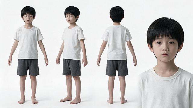 专业角色设定图，横向展示在同一张图内，同一纯白色影棚背景不分割，统一正前柔和均匀布光，统一人体比例，统一发型，统一服装，统一姿势，从左到右依次排列：全身正面、四分之三侧面、全身背面、正面胸部以上特写。角色为小陈诚，12岁男孩，瘦小体型，肤色偏白，黑色短发干净整齐，脸颊微圆带稚气，眉毛自然偏淡，鼻子小巧，眼神空洞麻木没有情绪，白色纯棉短袖T恤微旧，深灰色棉质短裤过膝，光脚未穿鞋，无配饰，纯白纯色背景，无纹理，无渐变，无杂物，无任何装饰元素，无阴影，绝对标准A-Pose，双臂自然下垂与身体形成A字形，手臂离开躯干约10-15度，正前方视角，平视中心镜头，正交视角，零透视畸变，无广角，无仰俯角度，无镜头变形，面无表情，自然双唇闭合，神态平静淡然，全局均衡柔和漫射光，完整全身立绘，从头顶到脚底完整呈现，双脚完整入镜，头顶保留适量留白空间，居中对称构图，电影级写实风，日系都市质感，清冷色调，高细节，8K分辨率，杰作，极致细节，专业角色设计表，清晰材质纹理，高分辨率绝对完整全身像，双脚完全露出，站立姿势，绝不裁切脚部。纯白色干净影棚背景，柔和均匀布光，高级质感，细腻写实，高清画质，干净整洁，构图对称，电影级写实风，极致细节，清晰材质纹理，高分辨率，杰作，专业角色设计表