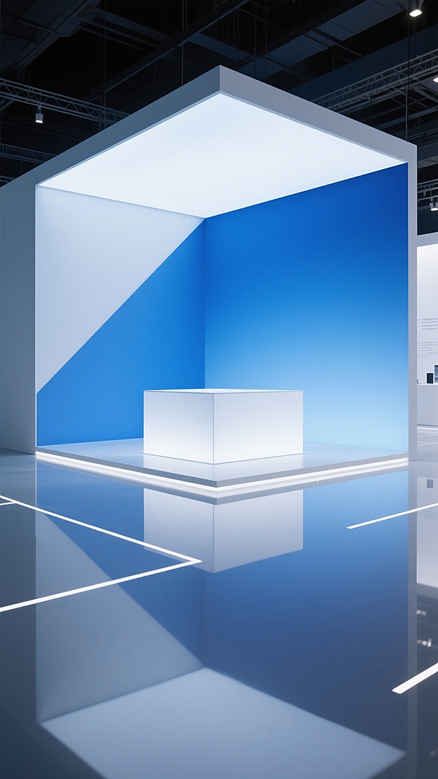 极简主义展台设计，蓝色渐变背景墙，几何切割造型展台，柔和漫射光源，地面镜面反射效果，简洁线条装饰，高饱和蓝白配色，开放式场景布局，无多余元素，留白空间充足，现代感展台结构，光影层次分明，简约大气展台设计，干净利落背景元素
