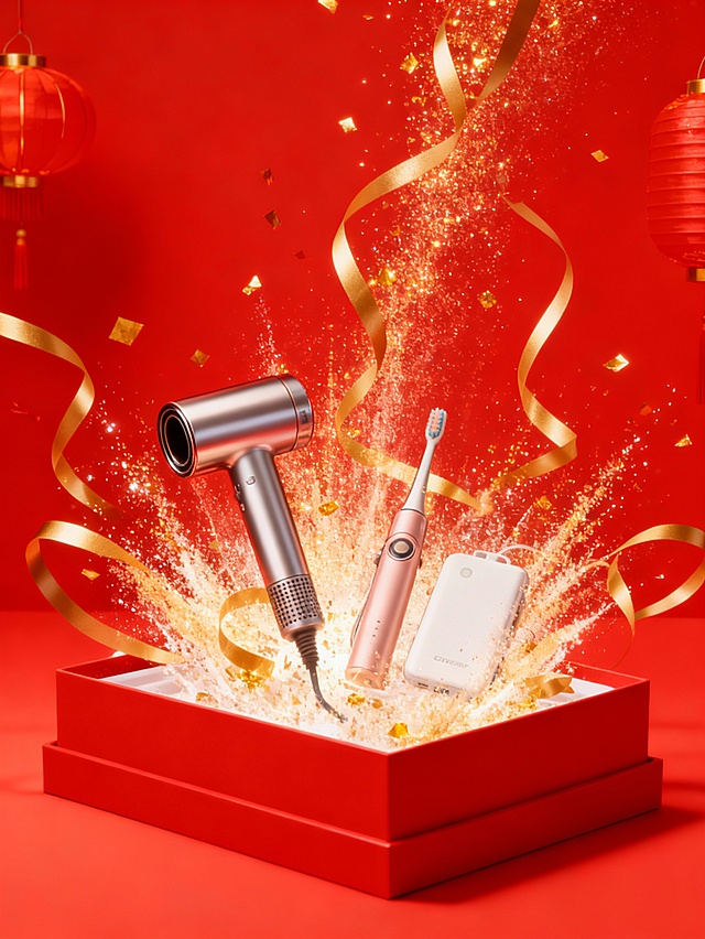 主体是红色台面上放着的图示商品，呈打开状态，内部商品向外飞溅。金色丝带围绕商品向上延伸，点缀金箔闪粉和红灯笼。正红色背景