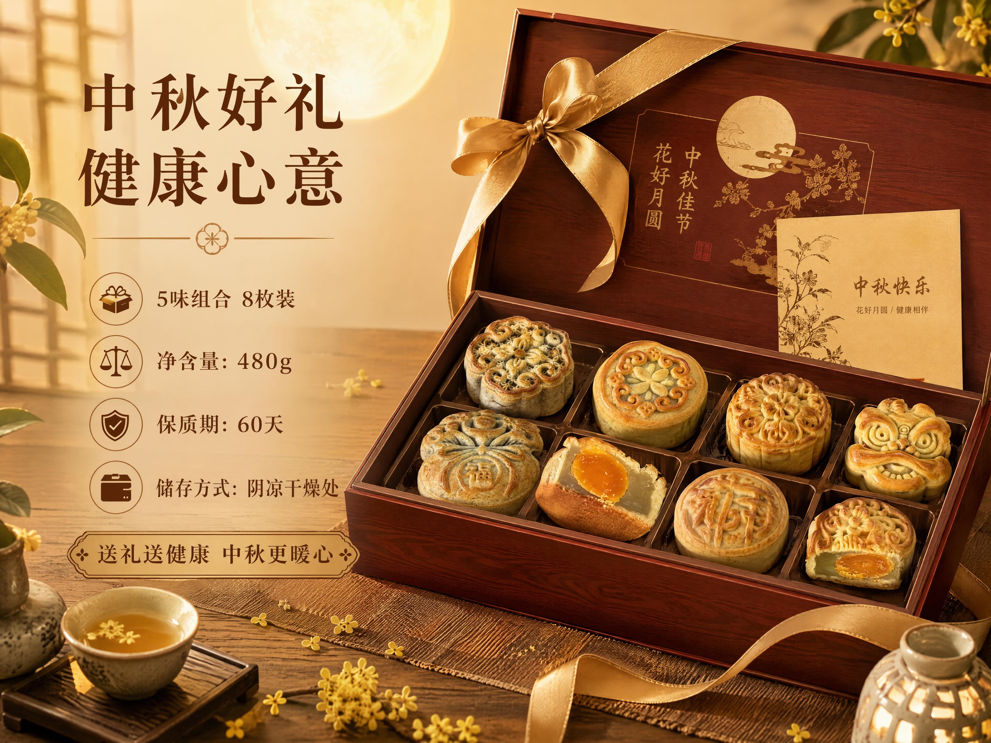 [第8屏] 规格与礼赠收尾-礼盒规格与中秋伴手礼氛围。本屏使用… - 图片创意预览