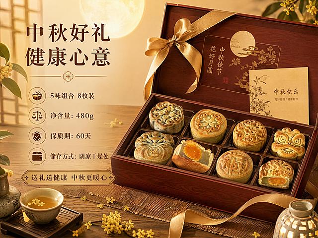 [第8屏] 规格与礼赠收尾-礼盒规格与中秋伴手礼氛围。本屏使用【图1】作为礼盒中月饼展示主体。
[氛围/风格] 新中式礼赠感，高端大气，中秋节日氛围，商业摄影质感。
[元素布局] 画面右侧为打开的中式月饼礼盒，里面整齐摆放多款月饼，占比约55%；礼盒为深棕红木纹质感，配金色丝带与中秋贺卡；左侧为规格信息区；背景为暖木色中式桌面，点缀桂花枝、陶制茶盏、圆月光影。
[光影质感] 暖黄色侧光，礼盒有高级质感，月饼表面有自然高光，整体温暖有节日感。
[配色色系] 全局底色 #F5EFE0 米杏色；主色深棕红#6B2E22、金棕#C49A6C；辅助色米白、暖黄。
[视角构图] 45°微俯视，右礼盒左信息，阅读动线从左上标题到左下规格再到右侧礼盒。
[文字版式] 左上大标题「中秋好礼 健康心意」；下方规格信息：「5味组合 8枚装」「净含量：480g」「保质期：60天」「储存方式：阴凉干燥处」；底部收尾语「送礼送健康 中秋更暖心」；字体温润宋体，字色深棕，全套统一；配小图标增强可读性。
[比例分辨率] 4:3比例，width=1200，height=900，4K分辨率，文字清晰。
[负向提示词] 月饼变形，礼盒变形，颜色偏差，水印，文字错乱，文字过小，产品模糊，极限词。