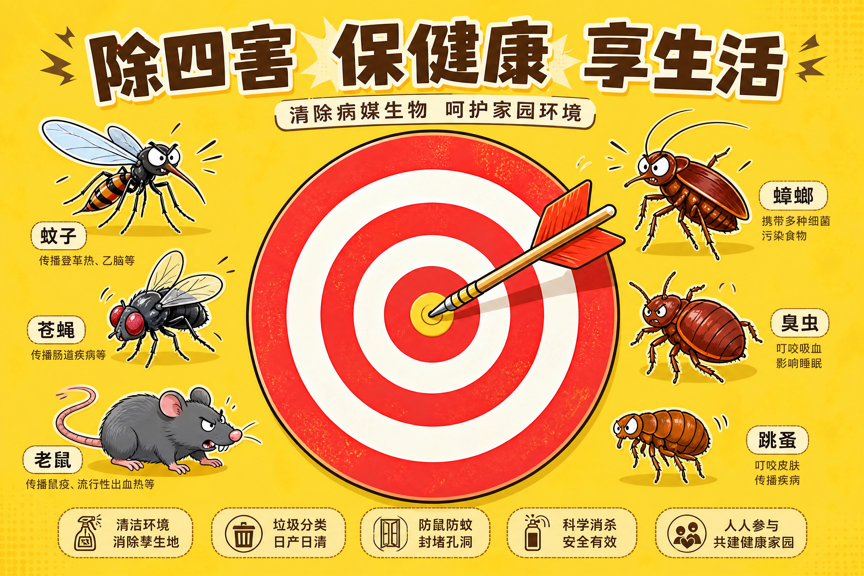 参考图中的设计风格，设计一个类似的除四害主题活动背景板。黄色背… - 图片创意预览