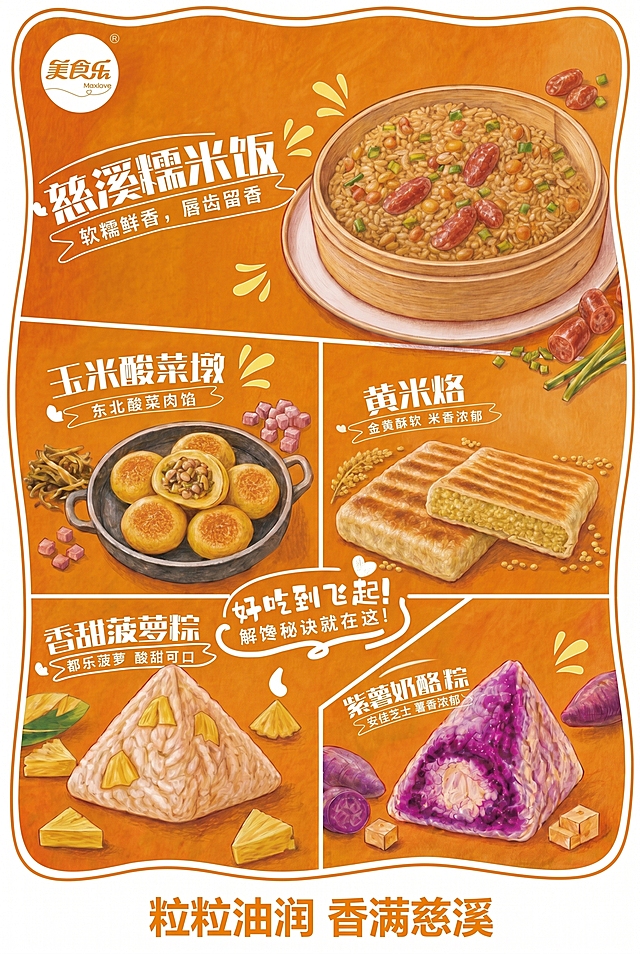 保留原美食菜单所有文字内容和产品布局不变，移除错误生成的顶部杂果和底部无关文字区域，只保留原设计内容并重新排版为竖版宽60高90厘米比例，保持整体暖橙色风格和手绘美食插画风格，布局合理整齐