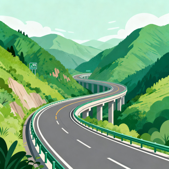 插图风格，G75兰海高速某段，道路蜿蜒穿行于连绵青山之中，自然风光，清新写实，画质清晰预览效果