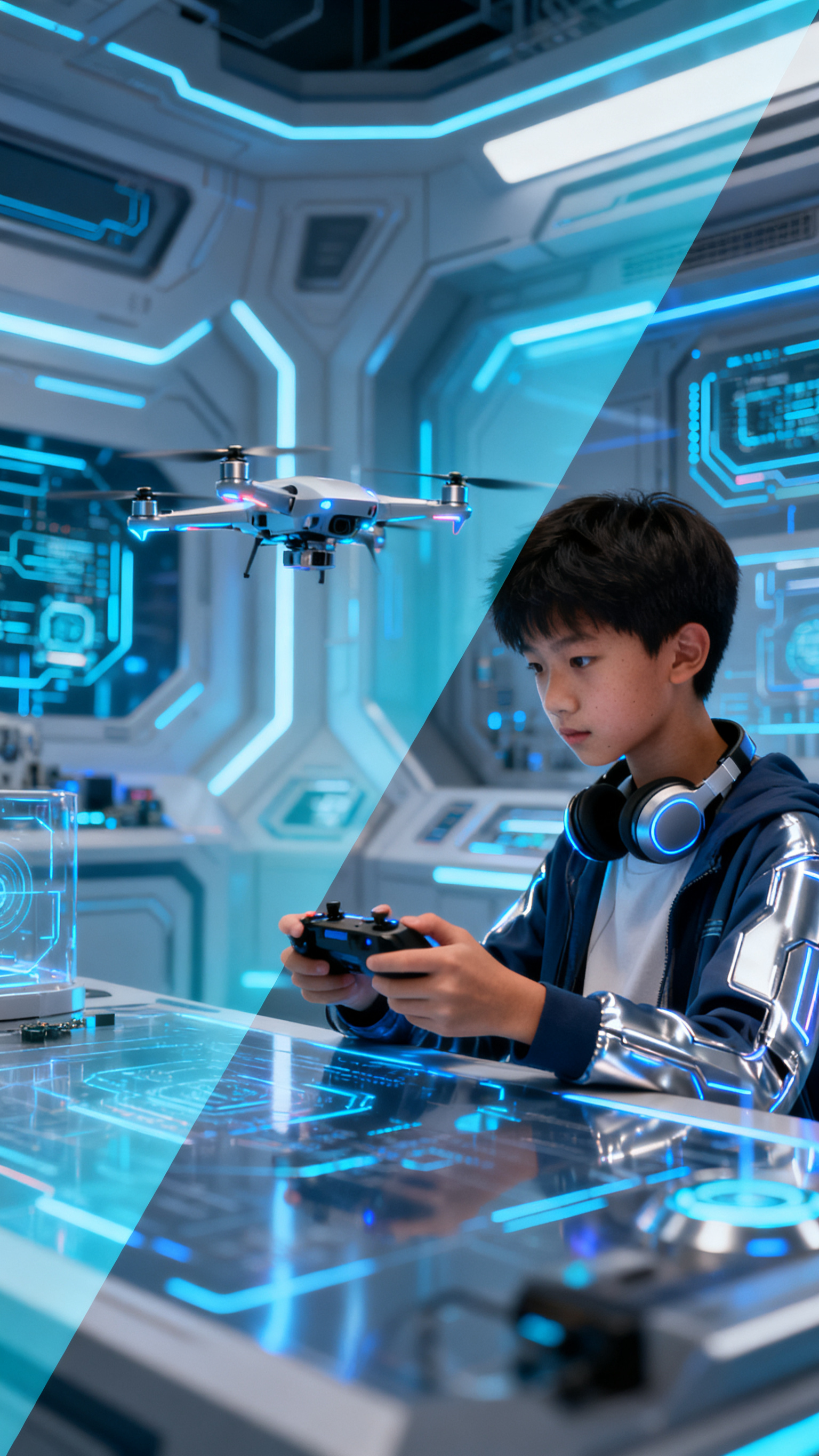 竖版对角线构图的科技感图片，对角线分割画面，青少年学习操作无人… - 图片创意预览
