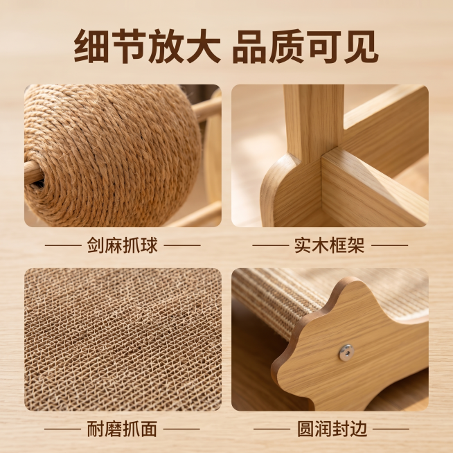 贵妃猫抓床产品细节详情图，特写放大展示产品核心结构细节，包括剑麻抓球的编织纹理、实木框架的拼接工艺、瓦楞纸抓面的密度质感、边缘圆角打磨细节。保持产品整体颜色材质和原图一致，采用简洁干净的浅原木色背景，预览效果
