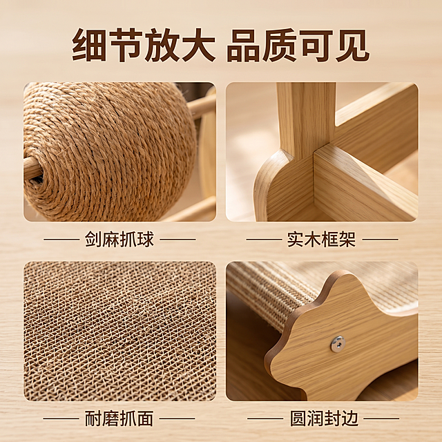 贵妃猫抓床产品细节详情图，特写放大展示产品核心结构细节，包括剑麻抓球的编织纹理、实木框架的拼接工艺、瓦楞纸抓面的密度质感、边缘圆角打磨细节。保持产品整体颜色材质和原图一致，采用简洁干净的浅原木色背景，突出细节本身。顶部放置大标题"细节放大 品质可见"，底部用引线标注每个细节：剑麻抓球、实木框架、耐磨抓面、圆润封边。光影柔和，清晰展现纹理，商业摄影特写质感，1:1比例，2k分辨率，文字清晰，无遮挡。负向提示：变形，水印，文字错乱，背景杂乱