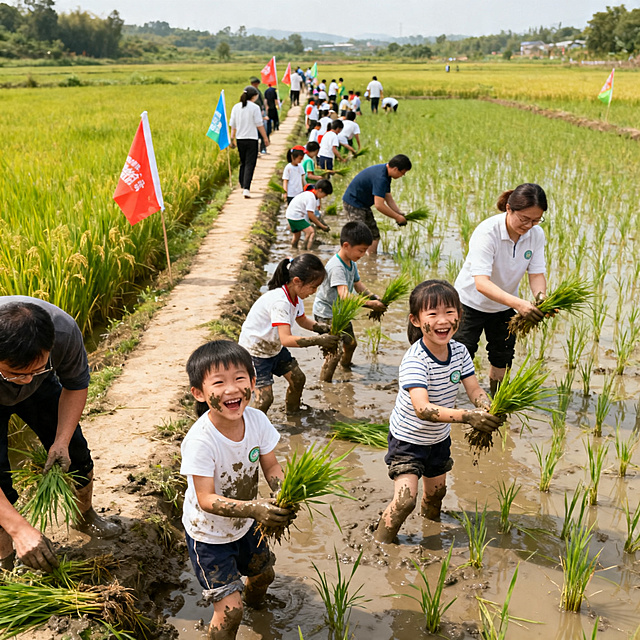 远景开阔稻田全景，亲子研学队伍分组插秧，小朋友们脸上沾着泥巴开心大笑，家长一起动手劳作，田间小路插着研学旗帜，绿色田园风光，暖色调户外摄影