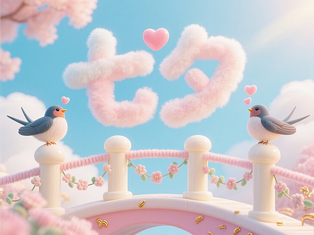 梦幻软3D风，超现实主义设计，甜美可爱的小鸟与心形云朵，营造浪漫节日氛围。