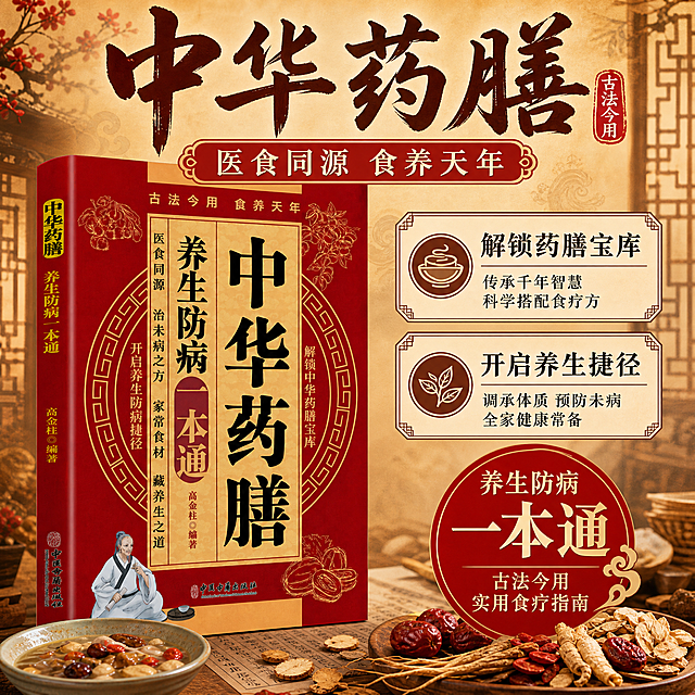 中华药膳书籍，展示书籍核心卖点：解锁药膳宝库，开启养生捷径，中式古风，1:1电商主图