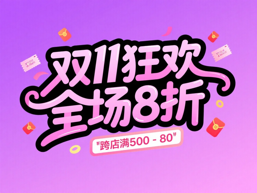 主标题“双11狂欢 全场8折” ，搭配 “跨店满500-80” 粉色副标题框，点缀优惠券、红包等促销小元素，背景为粉紫色渐变，促销氛围预览效果
