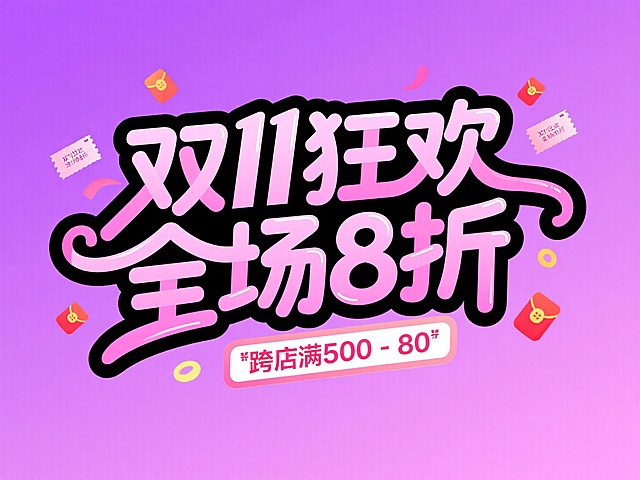 主标题“双11狂欢 全场8折” ，搭配 “跨店满500-80” 粉色副标题框，点缀优惠券、红包等促销小元素，背景为粉紫色渐变，促销氛围