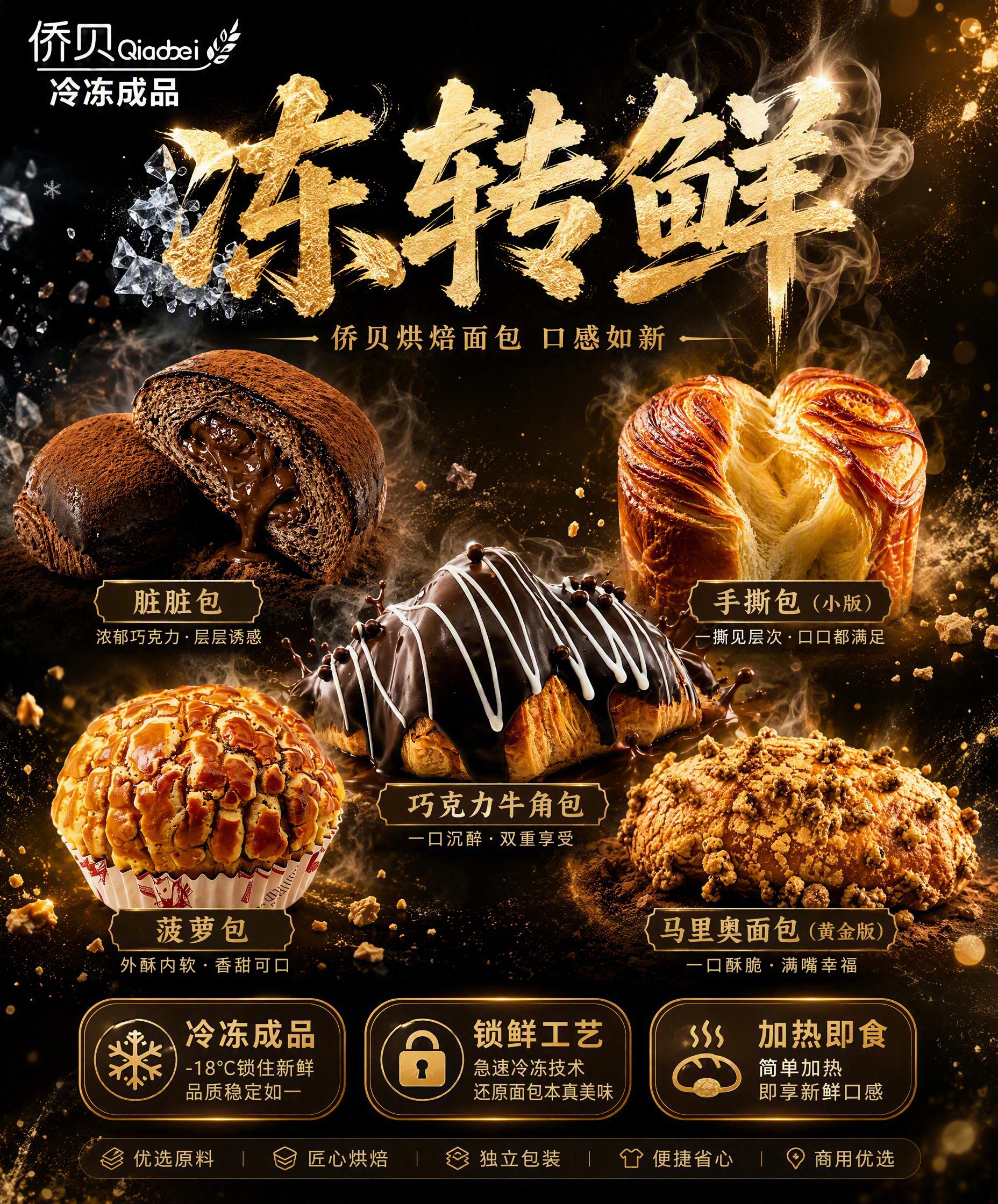 冻转鲜烘焙面包合集海报，竖版构图，黑金高端烘焙风格。画面顶部为… - 图片创意预览