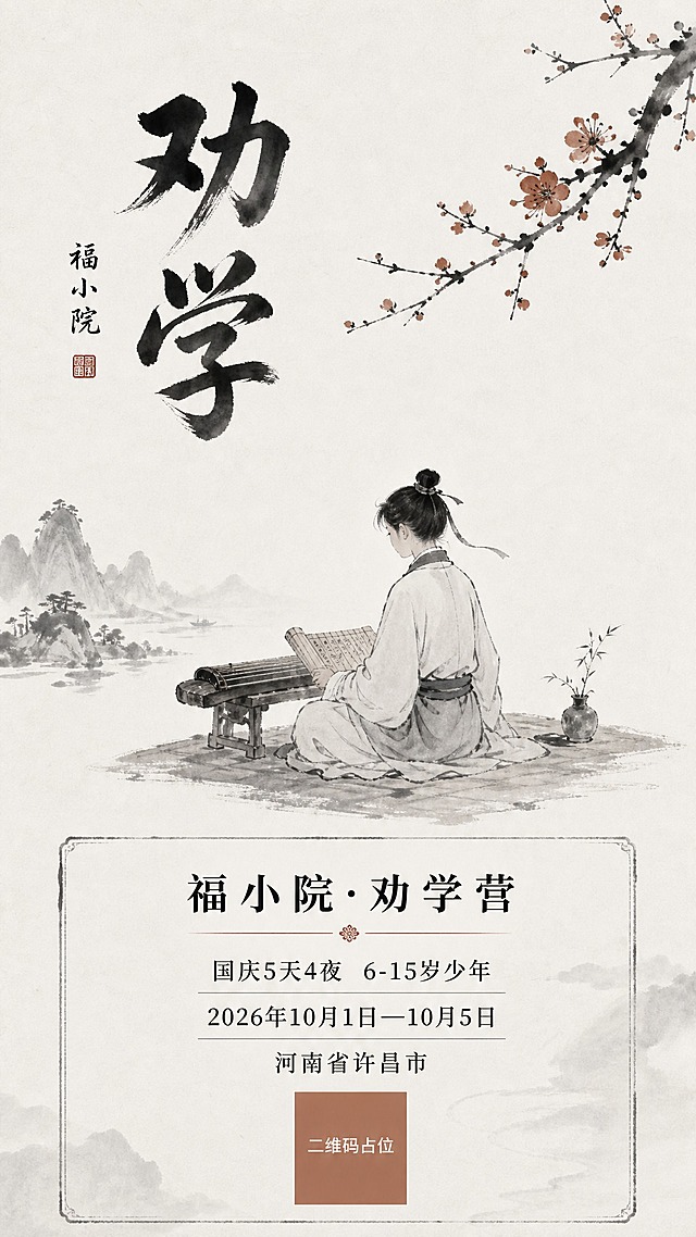 一张水墨禅意风格的课程招生竖版海报，9:16比例。主题为福小院劝学营国学教育理念。

【整体风格】水墨禅意风，大面积留白+水墨晕染，黑白灰为主，赭石色点缀，极简雅致。背景是大面积留白的宣纸，左下角有淡墨山水几笔，右上角有一枝梅花斜出，意境悠远。

【布局】上下结构，大量留白，禅意十足
- 上部三分之一：竖排书法大标题「劝学」，两个大字，毛笔书法，墨色浓淡变化，旁边小字题款「福小院」
- 中部：一位古装少年席地而坐，面对古琴或竹简，背影或侧影，意境悠远
- 下部信息区（白底淡墨边框）：
  * 「福小院·劝学营」
  * 「国庆5天4夜 6-15岁少年」
  * 「2026年10月1日—10月5日」
  * 「河南省许昌市」
  * 二维码占位符：纯色方块，中央标注「二维码占位」文字

【数字精确】"5天4夜"、"6-15岁"、"2026年10月1日—10月5日" 必须精确渲染

画面中不得出现任何电话号码、联系老师姓名、价格费用信息。版式精美，留白充足，禅意浓厚。