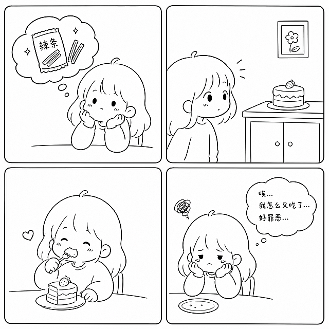 四格漫画简笔画，可爱简约线条风格：第一格可爱小女生坐在那里，脑子里想着辣条，流露出想吃东西的渴望；第二格小女生看到家里放着的蛋糕，眼睛看过去；第三格小女生拿起蛋糕正在吃；第四格吃完蛋糕后，小女生坐在那里，表情闷闷不乐，充满负罪感，整体为清新治愈的简笔画风格，无多余色彩，线条简单