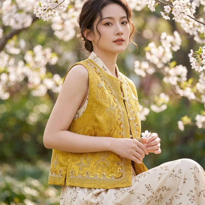 基于提供的姜黄色提花烫钻马夹，生成亚洲女模特上身特写效果图，春日踏青户外场景，搭配真丝连衣裙，完整展示这件姜黄色马夹，马夹上衣不要塞到下装里面，每张图一个模特人物特写，要求展示不同角度，衣服面料呈现高预览效果