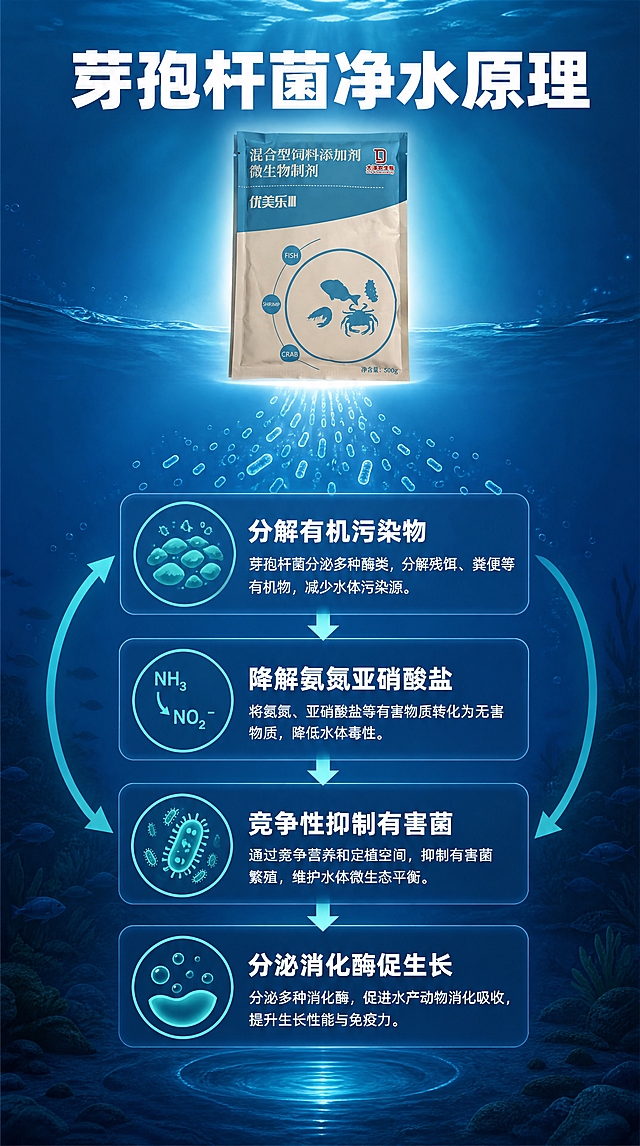[商品] 使用【图1】优美乐Ⅲ产品包装袋；保留产品外观、颜色、品牌Logo；产品位于画面顶部中央，占画面约20%。
[画面] 页面目标：功能原理展示，解释芽孢杆菌如何净化水质。中心机理示意图风格：从产品向下发散出微生物颗粒，进入水体后分解有机物、氨氮、亚硝酸盐；画面中部用箭头和循环图示展示净化过程："分解残饵粪便"→"降解氨氮亚盐"→"抑制有害菌"→"稳定藻相"；背景为渐变蓝色水体环境。
[视觉] 套系策略：风格=专业科技感水产商业摄影；标题字=粗黑体；正文字=简洁黑体；主色=深海蓝；背景延展=基于深海蓝做深浅层级渐变、水体质感；强调色=青绿色，仅用于小面积图标、引线和标签；标题色=白色；正文色=浅蓝白色；组件=圆角半透明信息卡、细线引线、循环箭头图标；光影=科技感蓝光效果。
[文字] 顶部主标题"芽孢杆菌净水原理"；中部4个步骤各配图标和文字说明："分解有机污染物"、"降解氨氮亚硝酸盐"、"竞争性抑制有害菌"、"分泌消化酶促生长"；文字全部横向排版，按步骤从上到下排列。
[规格] 图片比例9:16竖版，4K，避免变形、错字、文字过小、虚假功效承诺。