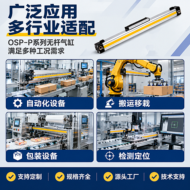 [主图-4] 场景适用图，主题为多行业广泛应用，展示无杆气缸在不同工业场景中的应用，解决用户"能用在哪"的问题。基于输入产品图设计应用场景主图。
[统一基调] 整体风格为工业五金专业风，背景主色为浅灰+工业蓝，标题字色为藏青色，辅助字色为深灰色，强调色为明黄色，字体为粗黑无衬线工业字体，字号层级分明，整体满版高信息密度。
[画面] 画面上半部分为大标题+产品主体小图（产品位于右上角，占比约25%，斜向摆放）；下半部分为4宫格应用场景图，每个场景为一个工业应用环境的示意图，分别代表不同行业应用；每个场景图下方有简短标签说明；背景为浅灰色工业风。
[光影质感] 产品部分保持商业摄影质感，场景图为写实工业场景插画/摄影风格，光线自然，整体统一明快，产品与场景融合自然。
[配色] 背景浅灰，主标题藏青色，场景图边框深蓝色，场景标签深蓝底白字，强调色明黄色。
[文字版式] 顶部大标题：广泛应用 多行业适配（超大号粗黑藏青色）；副标题：OSP-P系列无杆气缸 满足多种工况需求（中号深灰色）；4宫格场景（2x2排列）：场景1：自动化生产线（配图：流水线设备示意，标签：自动化设备）；场景2：机械搬运（配图：机械手搬运示意，标签：搬运移栽）；场景3：包装机械（配图：包装设备示意，标签：包装设备）；场景4：工业检测（配图：检测设备示意，标签：检测定位）；底部通栏：支持定制 规格齐全 源头工厂 技术支持（四个卖点横向排列，藏蓝底白字）；所有文字横排，场景图标注清晰。
[输出要求] 1:1正方形，2K分辨率，文字清晰无错字，产品外观准确，场景示意清晰，无水印无平台Logo，无杂乱元素。