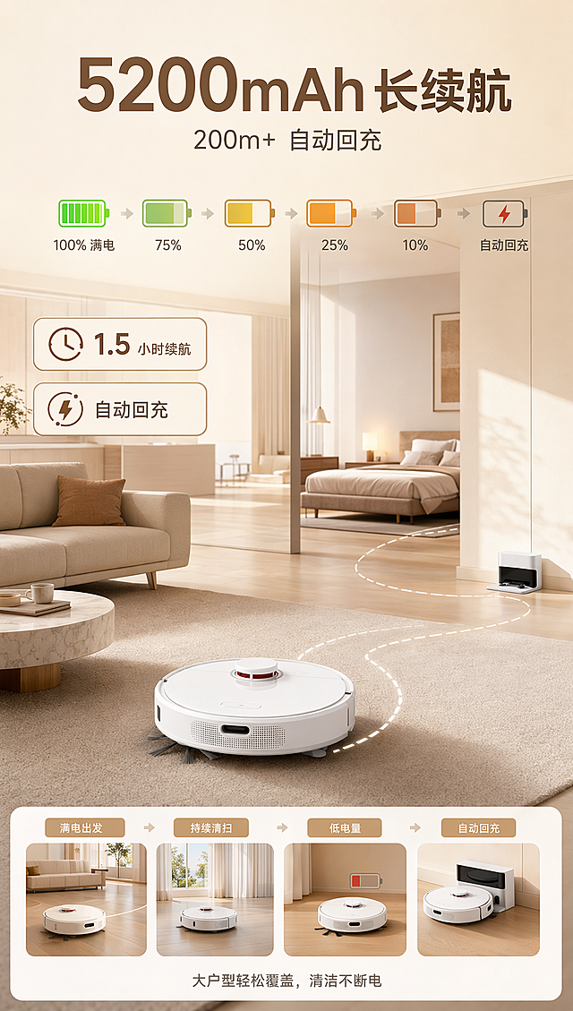 第五屏扫地机器人详情页：主文案："5200mAh 长续航"，副文案："200m+ 自动回充"。文案设计：主文案居上，字体醒目；副文案在主文案下方，字体简约。画面呈现产品在大户型客厅 + 卧室场景中持续工作的画面，产品白色机身在空间中移动，搭配 “电量条（从满电到低电自动回充）” 的动态图示，旁侧标注 "1.5 小时续航""自动回充"。整体色调采用米棕暖色调，整体以米色、浅棕色、白色为主。高清 8K 分辨率，大户型场景空间感真实，电量条动态流畅，产品细节（白色机身、顶部组件）清晰，色彩柔和，无噪点。
