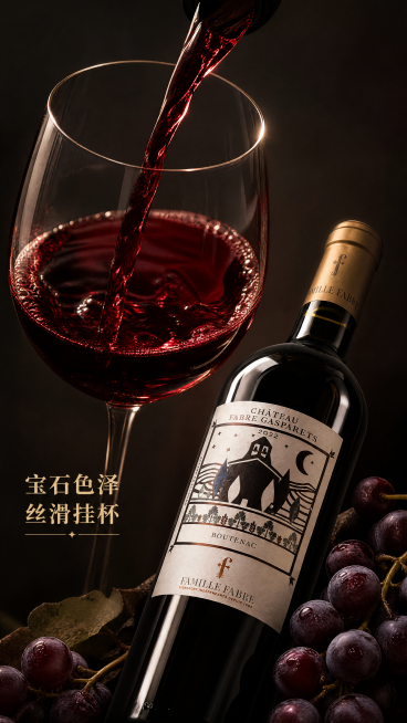 [第3屏] 红酒酒体质感细节特写屏，法伯酒庄红葡萄酒。本屏使用【图1】作为商品主体，保持酒瓶标签结构与输入产品图一致。
[氛围/风格] 专业静物摄影，浓郁质感，光影立体高级，突出红酒通透色泽。
[元素预览效果