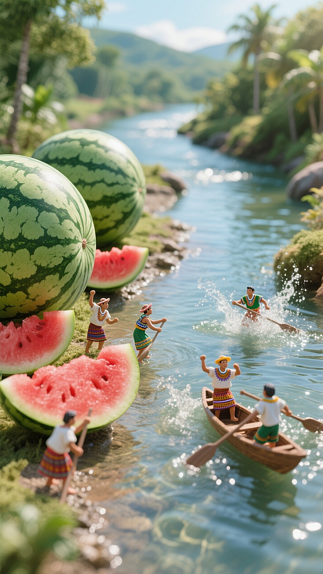 清新水彩风，微缩艺术展现超现实主义卡通感，西瓜与小人共舞，夏日清凉。#五彩斑斓的夏天