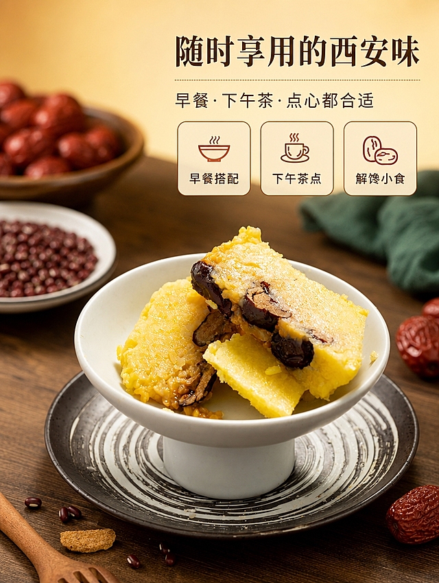 [商品] 使用【图5】碗中堆叠桂花糕块实物图；保留糕体金黄色、红枣夹层、白色高足碗、深色盘，不修改产品外观，不重绘产品，不调色。
[画面] 食用场景页，目标是种草日常食用场景。场景沉浸型构图，产品置于木桌中央，占画面约50%；周围自然布置红枣、红豆、木叉、绿布等食材与餐具，营造中式下午茶/早点的温馨氛围；前景桌面纹理，中景产品清晰，背景虚化碗碟与食材，3层景深。
[视觉] 套系策略：风格=特产电商风，简洁克制，真实食材摄影感；标题字=商用免费宋体粗体（思源宋体风格）；正文字=商用免费无衬线体（思源黑体风格）；主色=暖金黄；背景延展=深棕木桌纹理+暖黄渐变叠层，做深浅同色系层级；强调色=枣红色，仅用于小面积图标、引线和标签点缀；标题色=深棕褐色；正文色=中暖棕色；组件=细线分隔、圆角浅底信息卡、简约食材图标；光影=左前侧暖柔光，自然食物摄影光影。
[文字] 右上角主标题「随时享用的西安味」8字，副标题「早餐·下午茶·点心都合适」，下方3个场景标签横排：「早餐搭配」「下午茶点」「解馋小食」。文字全部横向排版，字号手机端清晰可读，不遮挡产品主体。
[规格] 图片比例3:4竖版，宽度750px，4K分辨率，负向提示：避免产品变形、颜色改变、文字竖排、文字过小、冷蓝背景、多余装饰、绝对化用语、重绘产品。