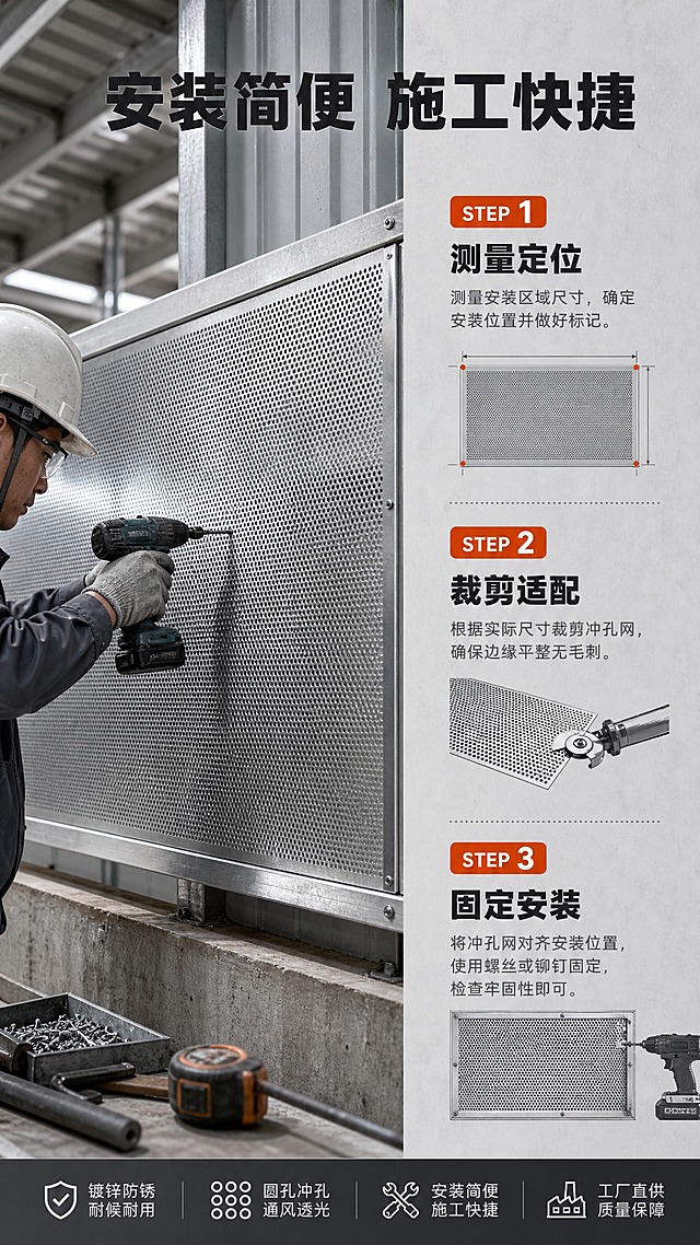 [商品] 使用【图1】镀锌冲孔网；保留金属板材结构、圆孔冲孔、镀锌质感；产品以安装状态呈现。
[画面] 目标：安装使用演示，展示冲孔网的安装方式与施工场景。构图：左图右文，左侧安装场景占65%，右侧步骤说明占35%。景别：中景，工人施工安装冲孔网场景。阅读动线：从左到右，从上到下。前中后景：前景安装工具与手部动作，中景冲孔网安装面，后景工地/厂房环境。
[视觉] 套系策略：风格=工业风专业商业摄影；标题字=粗黑无衬线工业字体；正文字=简洁无衬线体；主色=冷灰+镀锌银白；背景延展=工业场景冷灰色调，工地环境质感；强调色=橙红色，仅用于步骤序号和重点标注；标题色=深炭灰；正文色=中灰；组件=步骤编号卡、箭头指引、信息条；光影=工地自然光+补光，突出安装动作与产品。
[文字] 顶部主标题"安装简便 施工快捷"；右侧3步安装说明：STEP1 测量定位、STEP2 裁剪适配、STEP3 固定安装；每步配简短说明；文字全部横排。
[规格] 图片比例9:16竖版，4K，避免变形、错字、文字过小、安装动作不真实、暖色调。