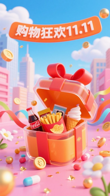 蓝天白云下的现代城市背景，画面中央是打开的橙色透明礼盒，系着红色蝴蝶结，内装薯条、薯片、可乐、冰淇淋等商品，周围环绕彩色丝带、金色小球、金币、花朵等元素装饰，背景为明亮的粉色渐变，超强的促销感，礼盒周预览效果