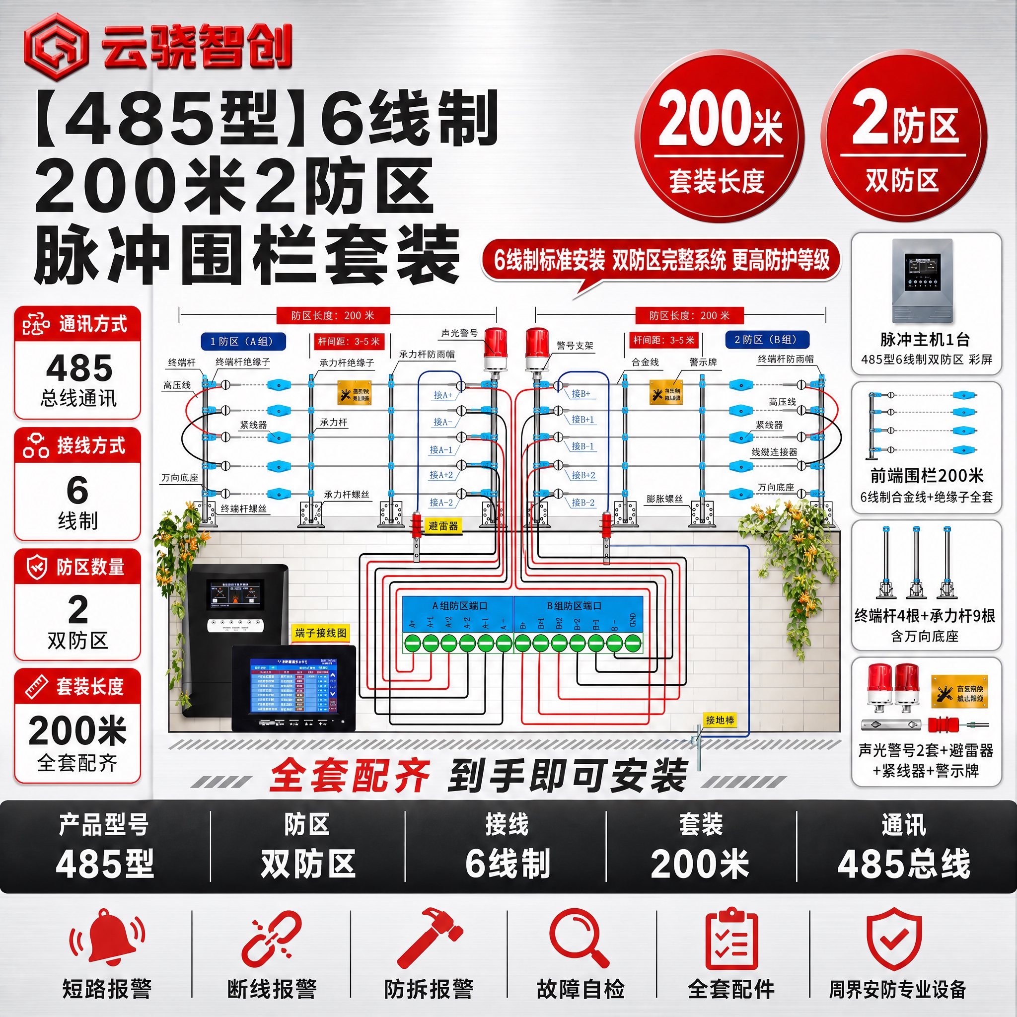 [单张主图] 【485型】6线制【200米】2防区脉冲围栏套装… - 图片创意预览