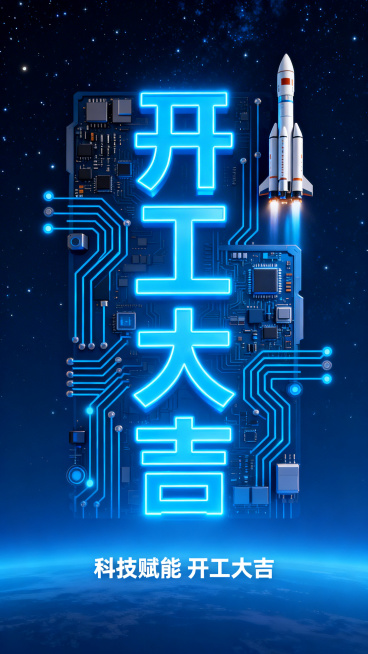 开工大吉主题竖版海报，科技感风格，画面中央是蓝色发光字体"开工大吉"，搭配电路板、火箭元素，背景为深蓝色星空渐变，底部有"科技赋能 开工大吉"白色小字，未来感十足预览效果