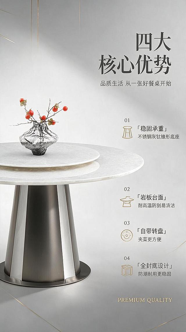 [第2张] 详情页核心卖点页-不锈钢灰钛底座岩板圆形餐桌四大核心优势。本张使用【图1】作为商品主体。
[氛围/风格] 现代轻奢高级感，简约商务风，商业摄影质感，干净利落。
[元素布局] 餐桌置于画面左侧中部，占比约45%-50%；右侧为四大卖点图标+文字区；背景为浅灰色渐变，点缀几何线条与金属质感装饰元素；产品结构、不锈钢灰钛底座、圆形转盘与输入产品图一致。
[光影质感] 右侧柔光打亮产品，左侧自然阴影，金属底座高光清晰，岩板台面纹理细腻，整体光影干净有质感。
[配色色系] 全局底色#F0EFEF高级灰；主色不锈钢灰钛+白色岩板；辅助色深灰文字、金色点缀线条。
[视角构图] 正面微侧视角，产品居左，右侧信息区，阅读动线从左到右。
[文字版式] 版式为左产品右信息。顶部主标题「四大核心优势」，副标题「品质生活 从一张好餐桌开始」；右侧竖向排列4个卖点组，每组配简约线性图标+标题+短句：01「稳固承重」不锈钢灰钛锥形底座；02「岩板台面」耐高温防刮易清洁；03「自带转盘」夹菜更方便；04「全封底设计」防潮耐用更稳固；底部英文「PREMIUM QUALITY」装饰。
[比例分辨率] 9:16竖版比例，1K分辨率，文字清晰可辨，高清画质。
[负向提示词] 产品变形，结构错误，水印，文字错乱，文字过小，背景杂乱，颜色偏差。