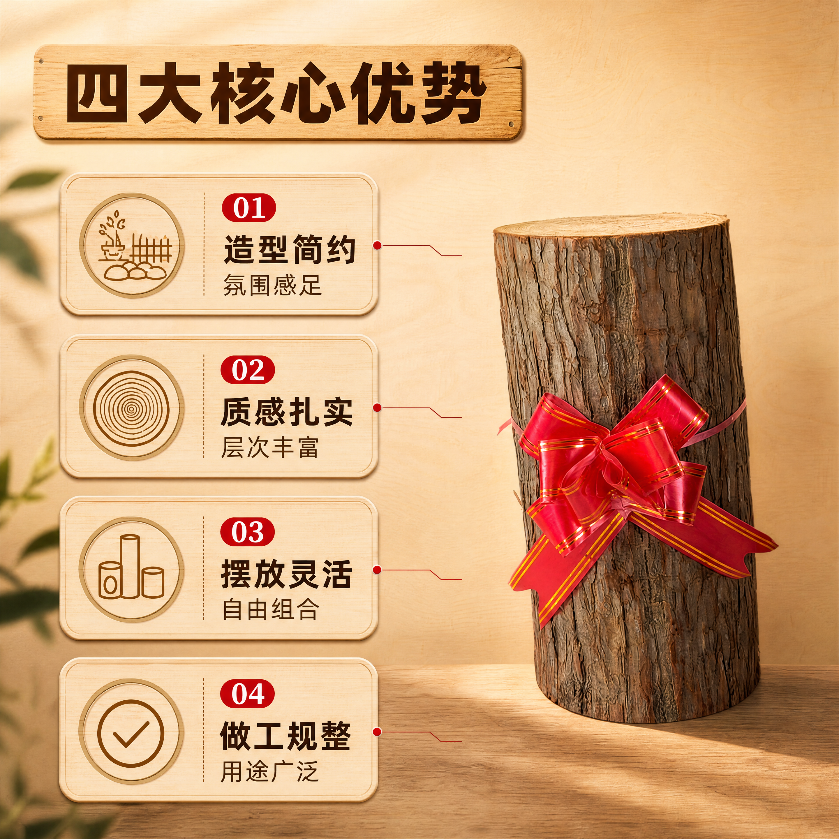 [商品] 使用【图1】高款杉墩木段配红绳花；保留杉木段树皮纹理… - 图片创意预览