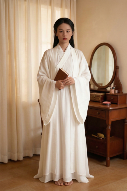 生成该人物站立的正面全身照，保持人物五官不变，保留白色古风服饰，背景和原图风格一致预览效果