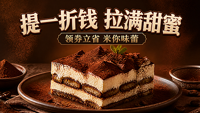 16:9横版甜品促销海报，画面主体是一份提拉米苏蛋糕，深咖啡色可可粉背景，可可粉洒落和马斯卡彭奶油层叠，高级质感，大字标题"提一折钱 拉满甜蜜"，字体米白色带咖啡色描边立体样式，副标题"领券立省 米你味蕾"，排版居中偏上，整体高级意式风格，无任何logo，无优惠券条形码二维码，美团风格产品海报，高质量商业摄影感