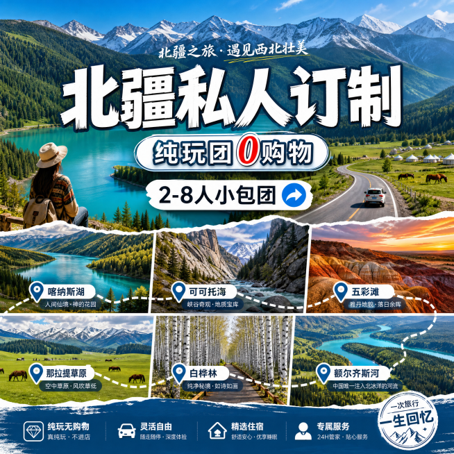 设计北疆旅行社宣传海报，尺寸为1200px×1200px，融入参考图片元素，包含喀纳斯湖、可可托海、五彩滩等北疆代表性景点，突出西北壮美自然风光，风格大气现代，构图完整适合旅游宣传，添加醒目的旅行社标预览效果