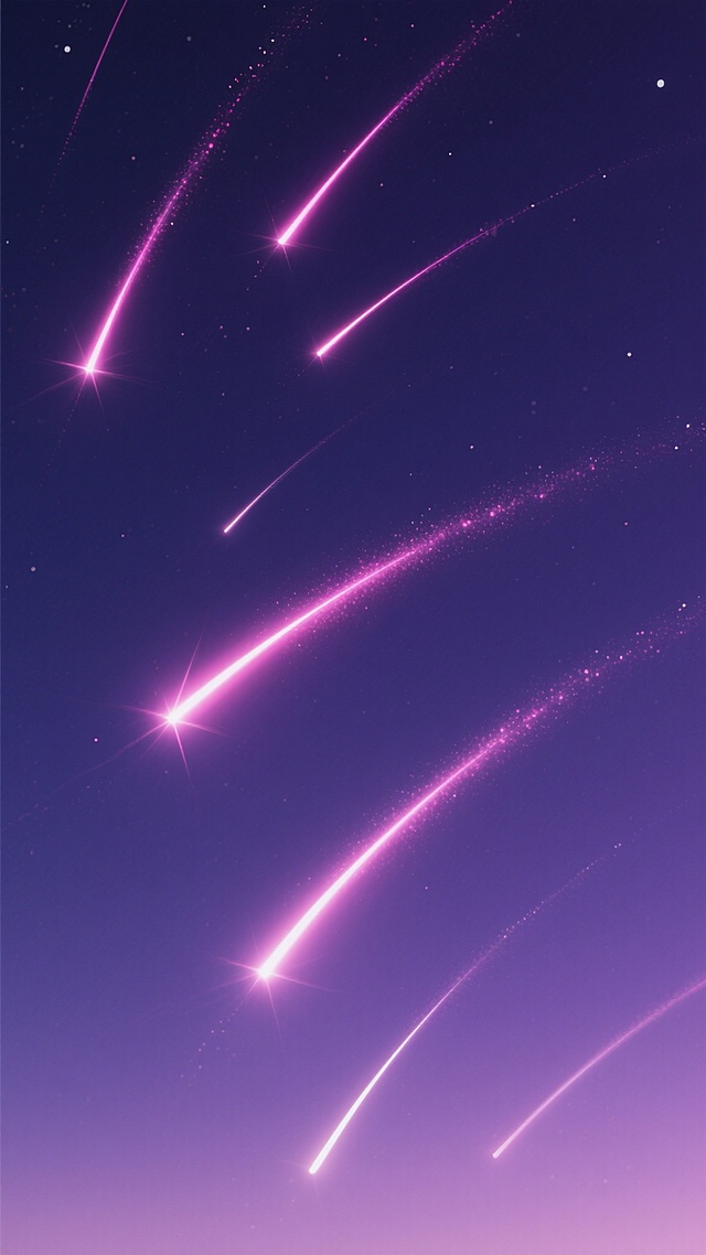 极简风格的流星夜空背景，深邃的暗紫色天幕上，数道明亮的粉色流星划过，流星拖着细长渐变的粉白尾迹，线条流畅且富有动感，整体画面简洁干净，色彩对比鲜明，营造出梦幻而宁静的氛围，没有多余元素干扰主体视觉。